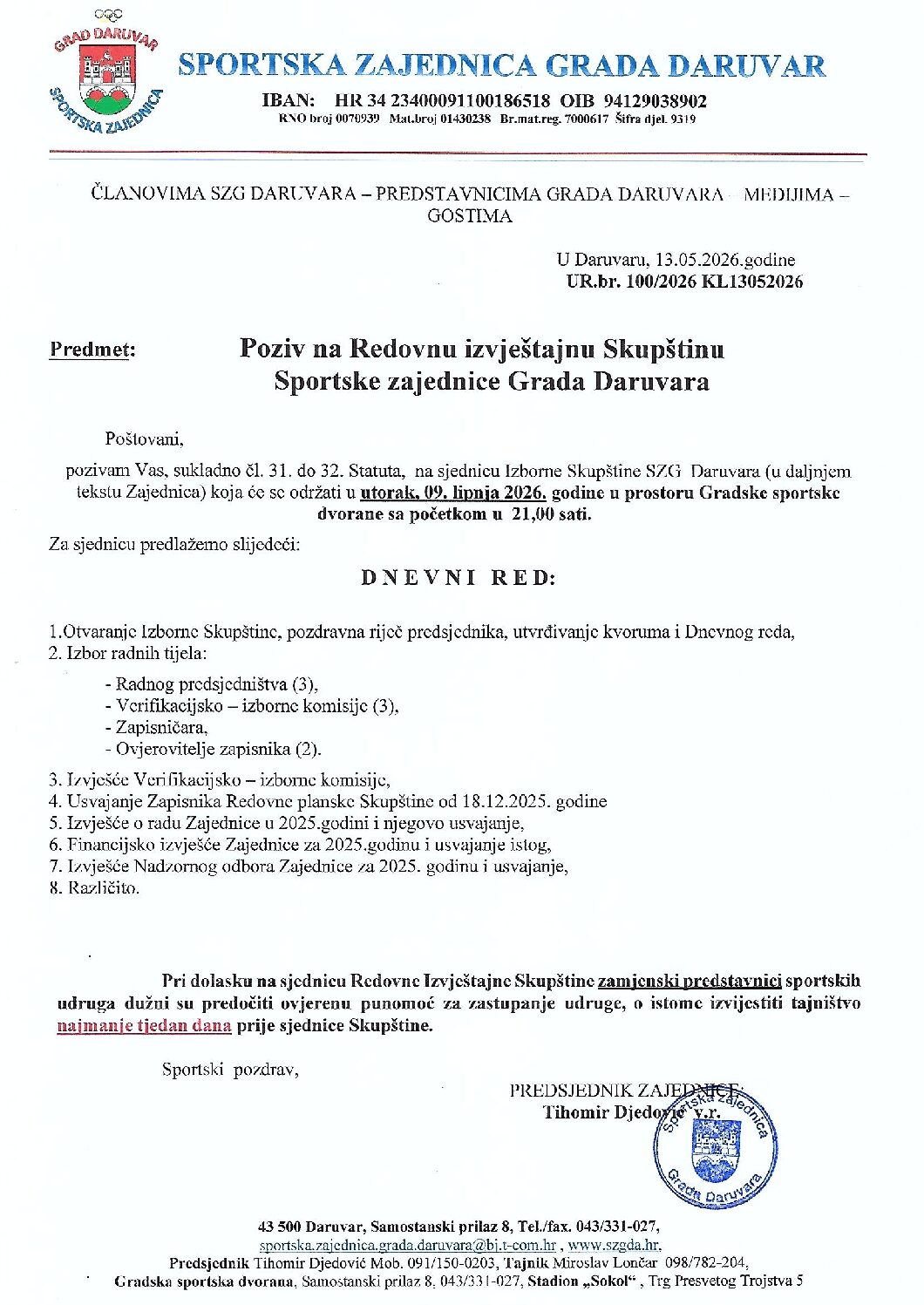 Poziv na Redovnu Izvještajnu Skupštinu SZG Daruvara 2026 0609